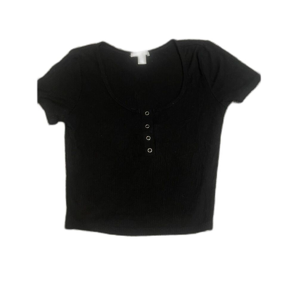 Bozzolo black ribbed henley short-sleeve crop top L